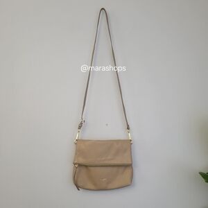 Margot Robbie Fold Over Taupe Leather Crossbody Bag